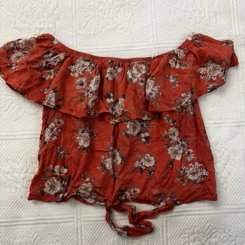 Sadie & Sage Floral Off-Shoulder Blouse in Rust/Coral